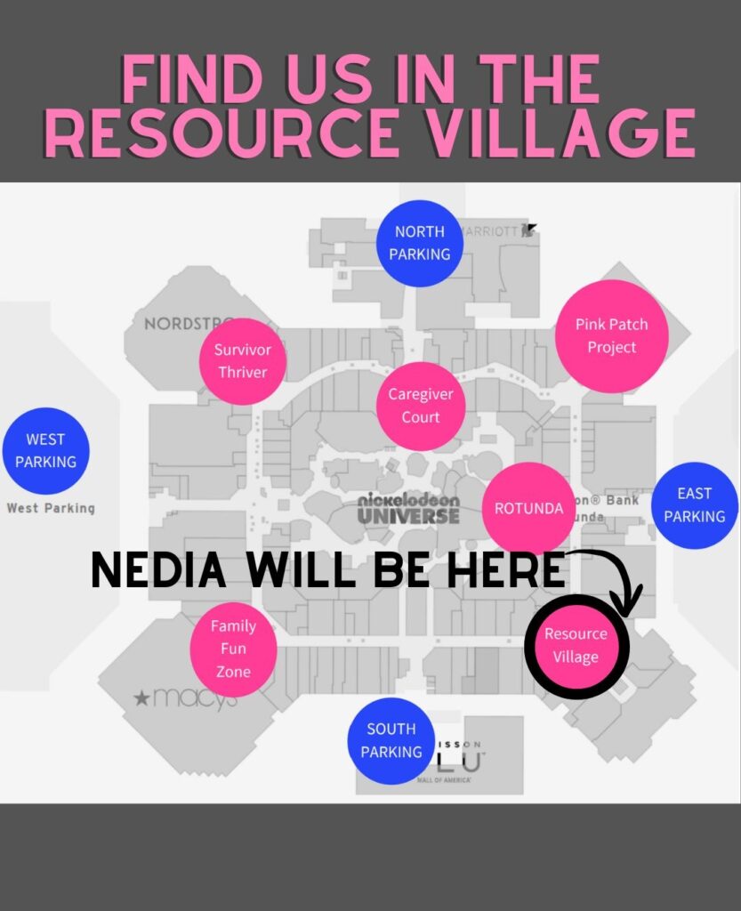 Find us in the resource village. Map of MOA with pink circles for event locations.